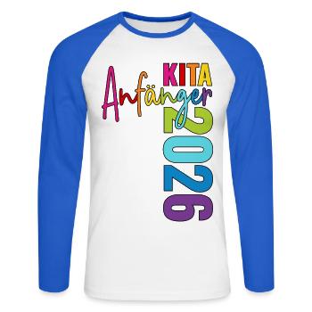 Débutants en crèche 2026 - T-shirt baseball manches longues Homme - blanc/bleu royal - Devant - Nik (191cm)