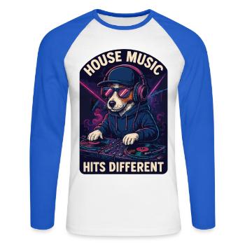 Jack Russell Terrier DJ Platines Cadeau de la maison - T-shirt baseball manches longues Homme - blanc/bleu royal - Devant - Nik (191cm)