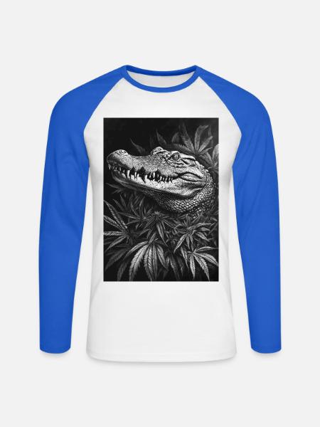 Krokodil im Hanfblattwald - Unisex Baseballshirt langarm - Weiß/Royalblau