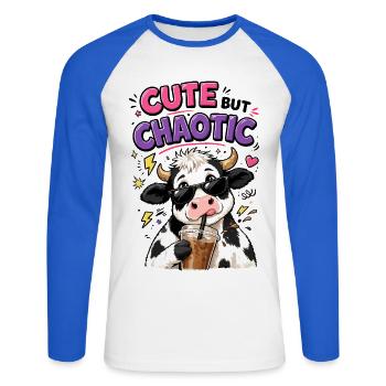 Süß aber chaotisch - Kuh mit Eiskaffee - Unisex Baseballshirt langarm - Weiß/Royalblau - Vorne - Nik (191cm)