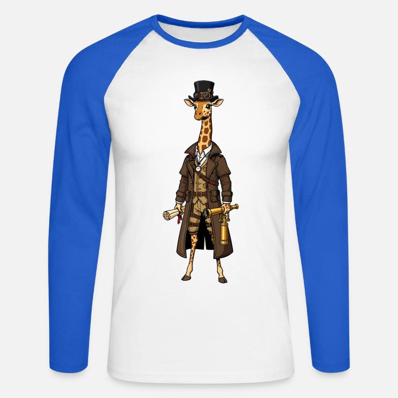 Giraffe Explorer Steampunk Chic Zylinder - Unisex Baseballshirt langarm - Weiß/Royalblau