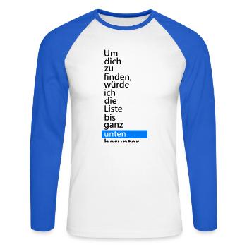 list - Unisex Long Sleeve Baseball T-Shirt - white/royal blue - Front - Nik (191cm)