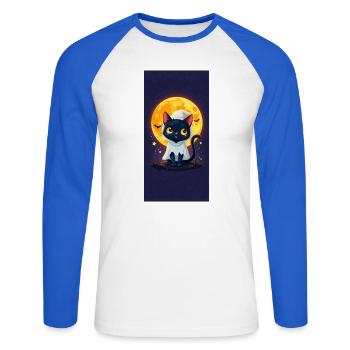 Mondschein-Katze im Geisterumhang - Unisex Baseballshirt langarm - Weiß/Royalblau - Vorne - Nik (191cm)