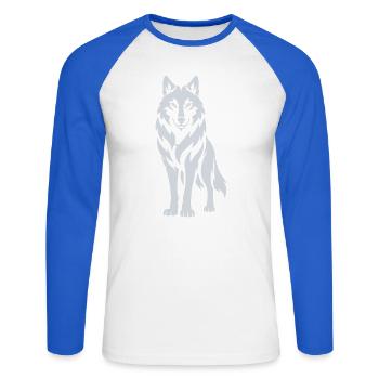 Wolfs Silhouette Kontrastdesign - Unisex Baseballshirt langarm - Weiß/Royalblau - Vorne - Nik (191cm)