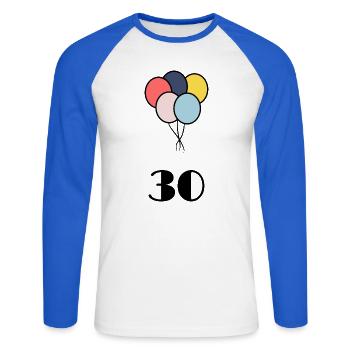 30. 30 ANS. 30e ANNIVERSAIRE. ANNIVERSAIRE 30 ANS. - T-shirt baseball manches longues Homme - blanc/bleu royal - Devant - Nik (191cm)