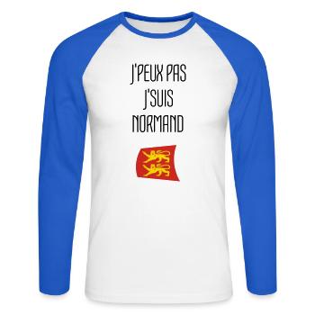 Ich kann nicht, ich bin Norman – Normandie - Unisex Baseballshirt langarm - Weiß/Royalblau - Vorne - Nik (191cm)
