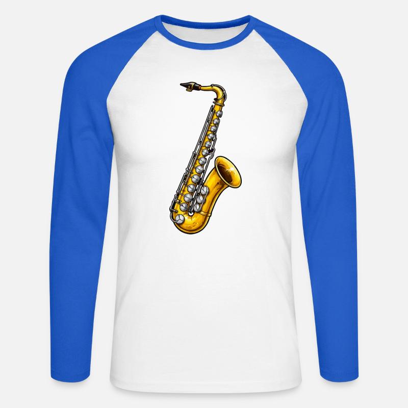 Sassofono d'oro in stile jazz - Maglia da baseball a manica lunga da uomo - bianco/blu royal