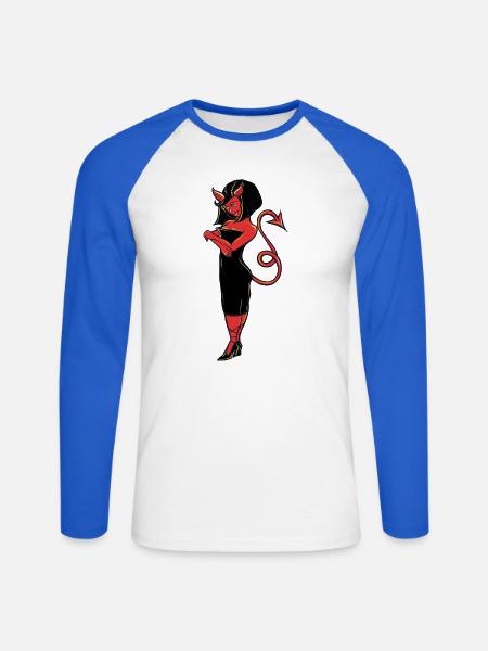 Teuflische Eleganz in rotem Kleid - Unisex Baseballshirt langarm - Weiß/Royalblau