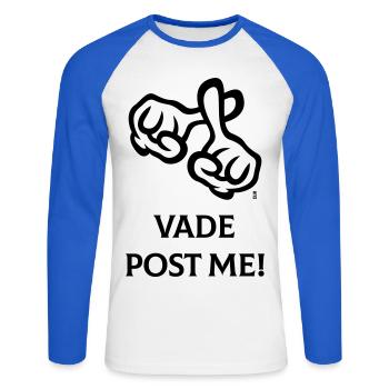 Vade Post Me ! (Croix / Bible / Religion / 2C) - T-shirt baseball manches longues Homme - blanc/bleu royal - Devant - Nik (191cm)