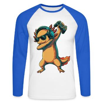 Gamer Axolotl Mexikanische Walking Fish Games Kunst - Unisex Baseballshirt langarm - Weiß/Royalblau - Vorne - Nik (191cm)