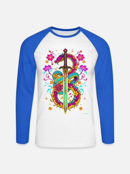 Bunter Schlangenschwertblumen-Design. - Unisex Baseballshirt langarm - Weiß/Royalblau