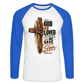 Johannes 3,16 Kreuz Jesus Liebe Christliches Shirt - Unisex Baseballshirt langarm - Weiß/Royalblau - Vorne - Nik (191cm)
