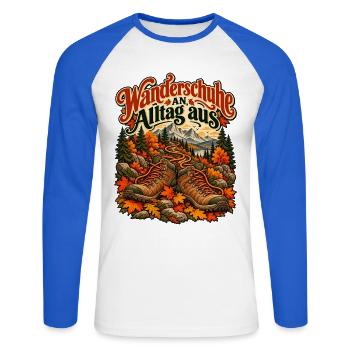 Wanderschuhe an, Alltag aus - Unisex Baseballshirt langarm - Weiß/Royalblau - Vorne - Nik (191cm)