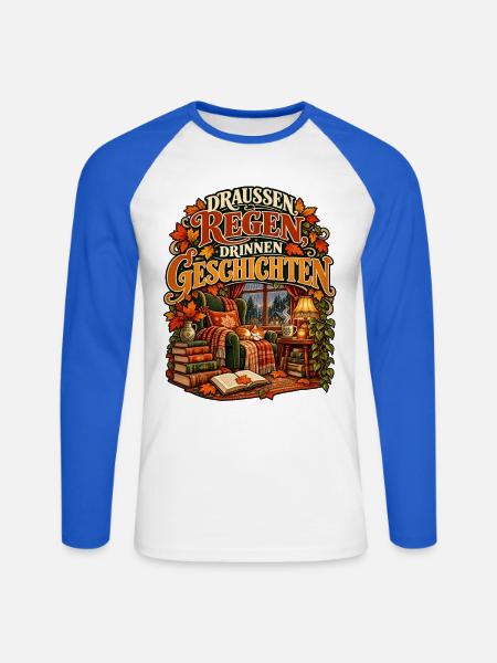 Draußen Regen, drinnen Geschichten - Unisex Baseballshirt langarm - Weiß/Royalblau