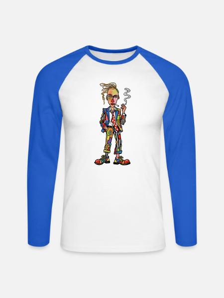 Bunter Patchwork-Rebell mit Zigarette - Unisex Baseballshirt langarm - Weiß/Royalblau