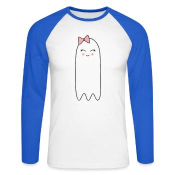 Fantôme avec un nœud rose – Un joli design d’Halloween - T-shirt baseball manches longues Homme - blanc/bleu royal - Devant - Nik (191cm)