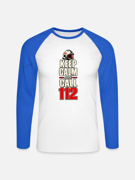 Feuerwehr – Keep Calm and Call 112 - Unisex Baseballshirt langarm - Weiß/Royalblau