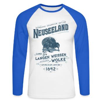 Aotearoa - Neuseeland - Unisex Baseballshirt langarm - Weiß/Royalblau - Vorne - Nik (191cm)