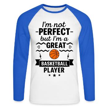 Pas parfait mais un grand basketteur - T-shirt baseball manches longues Homme - blanc/bleu royal - Devant - Nik (191cm)