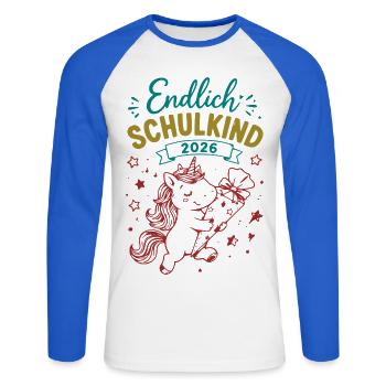 Endlich Schulkind 2026 Unicorn - Unisex Baseballshirt langarm - Weiß/Royalblau - Vorne - Nik (191cm)
