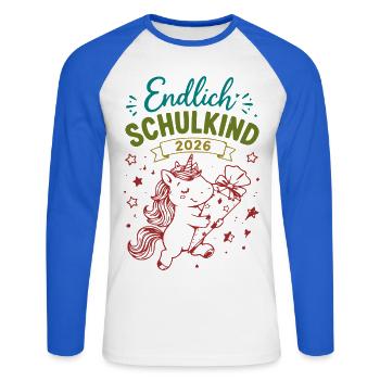 Endlich Schulkind 2026 Unicorn - Unisex Baseballshirt langarm - Weiß/Royalblau - Vorne - Nik (191cm)