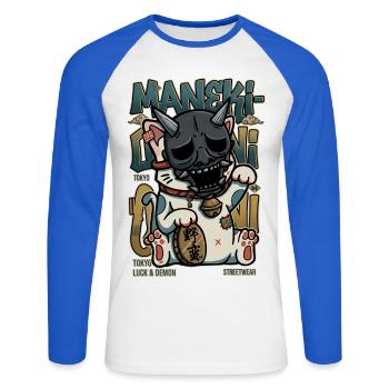 Maneki Oni Japanese Cat Streetwear Art Anime Kawai - Unisex Long Sleeve Baseball T-Shirt - white/royal blue - Front - Nik (191cm)