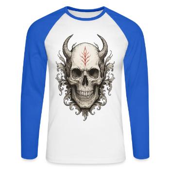 Crimson Rune Horned Skull - Unisex Long Sleeve Baseball T-Shirt - white/royal blue - Front - Nik (191cm)