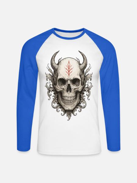 Crimson Rune Horned Skull - Unisex Long Sleeve Baseball T-Shirt - white/royal blue