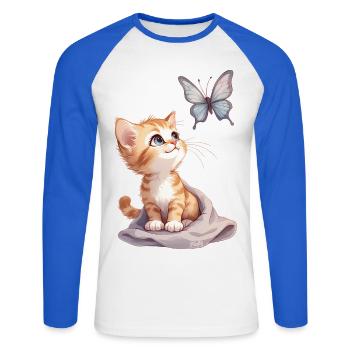 Kawaii Curious Chatten et Papillon 🐱🦋 - T-shirt baseball manches longues Homme - blanc/bleu royal - Devant - Nik (191cm)