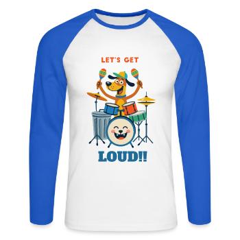 Drumming Dog auf der Bühne - Unisex Baseballshirt langarm - Weiß/Royalblau - Vorne - Nik (191cm)