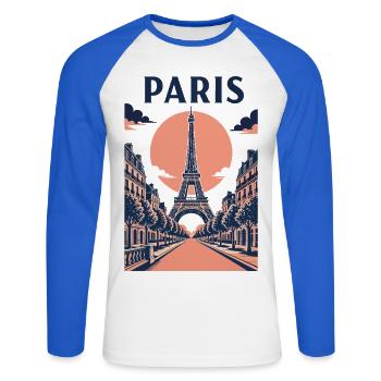 Paris Pink Sky – Eiffelturm und Straße - Unisex Baseballshirt langarm - Weiß/Royalblau - Vorne - Nik (191cm)