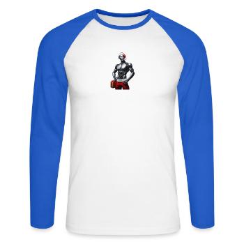 Cyber robot with Santa hat and gift - Unisex Long Sleeve Baseball T-Shirt - white/royal blue - Front - Nik (191cm)
