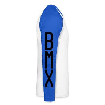 Bmx Bike - Sleeve Pressure Bmx Retro - Unisex Long Sleeve Baseball T-Shirt - white/royal blue - Right - Nik (191cm)