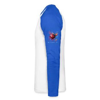 Colorful Ladybug Design, Nature's Art, White Text - Unisex Long Sleeve Baseball T-Shirt - white/royal blue - Left - Nik (191cm)