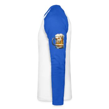 Bier Champion - Unisex Baseballshirt langarm - Weiß/Royalblau - Links - Nik (191cm)