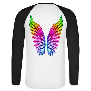 LGBT Regenbogen Engelsflügel Gay Lesbisch Queer - Unisex Baseballshirt langarm - Weiß/Schwarz - Hinten - Nik (191cm)