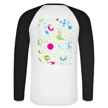 Weltraumbahn verfolgen Kinder - Unisex Baseballshirt langarm - Weiß/Schwarz - Hinten - Nik (191cm)