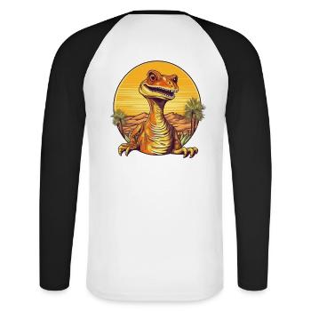 Illustration rétro dinosaure coucher de soleil - T-shirt baseball manches longues Homme - blanc/noir - Dos - Nik (191cm)