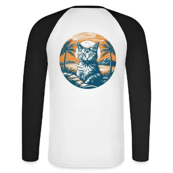 Tropischer Katzenzauber im Sonnenuntergang - Unisex Baseballshirt langarm - Weiß/Schwarz - Hinten - Nik (191cm)