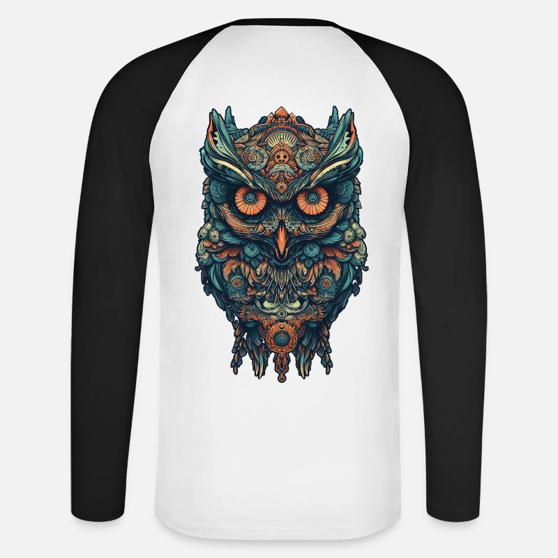 Mythical boho owl with surreal patterns - Unisex Long Sleeve Baseball T-Shirt - white/black