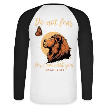 Lion, Butterfly, Bible Verse, Christian - Unisex Long Sleeve Baseball T-Shirt - white/black - Back - Nik (191cm)