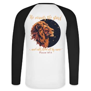 Leo Bible Verse Christian - Unisex Long Sleeve Baseball T-Shirt - white/black - Back - Nik (191cm)