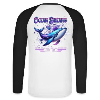 Rêves de l’océan : Baleine galactique - T-shirt baseball manches longues Homme - blanc/noir - Dos - Nik (191cm)