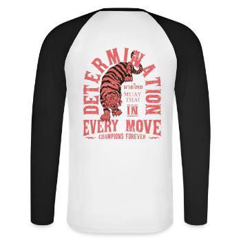 Muay Thai Kampfkunst - Unisex Baseballshirt langarm - Weiß/Schwarz - Hinten - Nik (191cm)