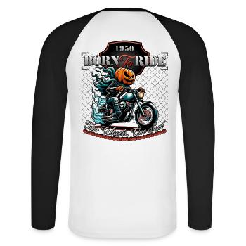 Born to Ride: Kürbis Kopf Motorrad Halloween - Unisex Baseballshirt langarm - Weiß/Schwarz - Hinten - Nik (191cm)