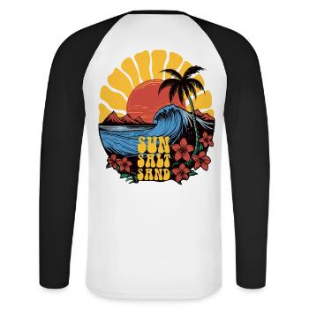 Sun, Salt, Sand! Beach Shirt! - Unisex Baseballshirt langarm - Weiß/Schwarz - Hinten - Nik (191cm)