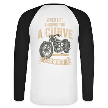 Curve Ahead Lean Into It Motorcycle - Unisex Long Sleeve Baseball T-Shirt - white/black - Back - Nik (191cm)