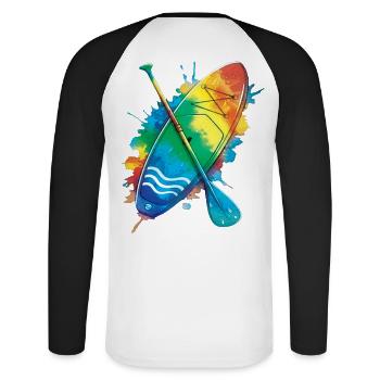 Paddle Board – Ocean Splash Art Wassersportarten - Unisex Baseballshirt langarm - Weiß/Schwarz - Hinten - Nik (191cm)