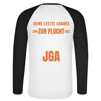 Junggesellenabschied Gruppen Outfit Mallorca JGA - Unisex Baseballshirt langarm - Weiß/Schwarz - Hinten - Nik (191cm)