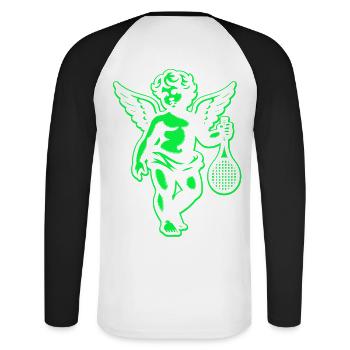 Chemise de tennis Angel Cherub Rétro Renaissance vert néon - T-shirt baseball manches longues Homme - blanc/noir - Dos - Nik (191cm)
